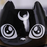 -High quality ceramic black cat with crescent moon coffee mug, spoon and saucer set. Free shipping from abroad. 2 shipping options: slower averaging 2-4 weeks to the USA or faster averaging 2 weeks. Crescent moon luna kitty anime witch cat witches familiar goth gothic witchcraft coffee mug tea cup gift set.-