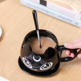 -High quality ceramic black cat with crescent moon coffee mug, spoon and saucer set. Free shipping from abroad. 2 shipping options: slower averaging 2-4 weeks to the USA or faster averaging 2 weeks. Crescent moon luna kitty anime witch cat witches familiar goth gothic witchcraft coffee mug tea cup gift set.-