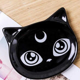 -High quality ceramic black cat with crescent moon coffee mug, spoon and saucer set. Free shipping from abroad. 2 shipping options: slower averaging 2-4 weeks to the USA or faster averaging 2 weeks. Crescent moon luna kitty anime witch cat witches familiar goth gothic witchcraft coffee mug tea cup gift set.-