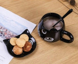 -High quality ceramic black cat with crescent moon coffee mug, spoon and saucer set. Free shipping from abroad. 2 shipping options: slower averaging 2-4 weeks to the USA or faster averaging 2 weeks. Crescent moon luna kitty anime witch cat witches familiar goth gothic witchcraft coffee mug tea cup gift set.-