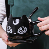 -High quality ceramic black cat with crescent moon coffee mug, spoon and saucer set. Free shipping from abroad. 2 shipping options: slower averaging 2-4 weeks to the USA or faster averaging 2 weeks. Crescent moon luna kitty anime witch cat witches familiar goth gothic witchcraft coffee mug tea cup gift set.-