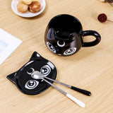 -High quality ceramic black cat with crescent moon coffee mug, spoon and saucer set. Free shipping from abroad. 2 shipping options: slower averaging 2-4 weeks to the USA or faster averaging 2 weeks. Crescent moon luna kitty anime witch cat witches familiar goth gothic witchcraft coffee mug tea cup gift set.-