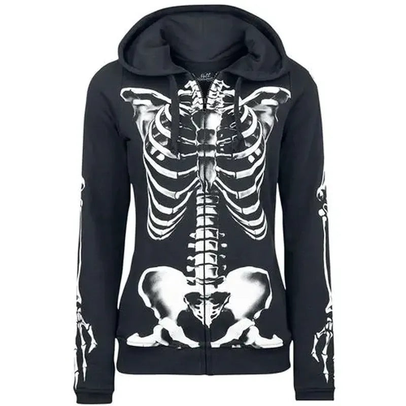 -Soft and comfortable women's style zipper hoodie with high quality skeletal print. Lightweight polyester fleece with large drawstring hood and thumbholes on the sleeves. Free shipping. punk goth gothic halloween skeleton hooded sweatshirt girls juniors ribcage xray fashion streetwear harajuku -Black-S-