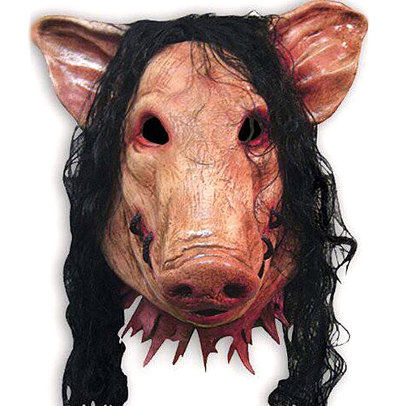 -Over-the-head latex horror movie pig mask with attached hair. One size fits most. Free shipping from abroad. Typically arrives to the US in 2-3 weeks. Scary terrifying saw franchise piggy henchmen creepy af halloween mask costume cosplay haunted house bondage bdsm escape room LARP realistic pigman-