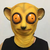 -A brightly colored, big-eyed lemur over-the-head mask for costume and cosplay. Made of quality soft latex rubber. One size fits most. Free shipping. Funny weird orange bug-eyed animal monkey halloween costume cosplay novelty bizarre creepy strange unusual fancy dress madagascar USA-