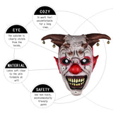 -A hellspawn demonic clown with horns tipped in bells like a jester's cap. Deluxe latex over-the-head mask. One size fits most. Free shipping from abroad. Typically arrives in 2-3 weeks to the USA. Halloween mask killer clown costume cosplay circus horror nightmare demon joker-