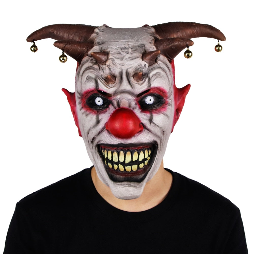 -A hellspawn demonic clown with horns tipped in bells like a jester's cap. Deluxe latex over-the-head mask. One size fits most. Free shipping from abroad. Typically arrives in 2-3 weeks to the USA. Halloween mask killer clown costume cosplay circus horror nightmare demon joker-