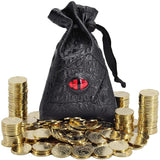 Black Dragon Leather Coinpurse and Metal Coins (50) for DND RPG COSPLAY-A small fraction of a dragon's horde, relic from a dragonslayer's victory or local currency among dragon worshippers... Whatever your quest, the textured leather pouch with dragon's eye and golden coins are sure to enhance your campaign. Gold colored alloy tokens with Norse compass backs RPG LARP Dungeons D&D Accessory-