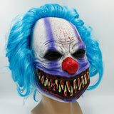 Neon Nightmare Murder Clown Mask - Full Over The Head Mask, Halloween-A murderous evil clown with a wide grin showing a mouth full of sharp teeth, his blood splattered white clown face accented with light purple with bright blue attached wig. 100% natural latex. Free shipping. Halloween costume horror creepy evil circus clown retro 80s eighties 1980s 1990s nineties 90s videogame video-
