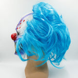 Neon Nightmare Murder Clown Mask - Full Over The Head Mask, Halloween-A murderous evil clown with a wide grin showing a mouth full of sharp teeth, his blood splattered white clown face accented with light purple with bright blue attached wig. 100% natural latex. Free shipping. Halloween costume horror creepy evil circus clown retro 80s eighties 1980s 1990s nineties 90s videogame video-