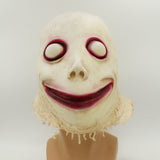 -Disturbing and unique, ghostly and ghastly grinning face latex over the head mask. One size fits most. Free shipping from abroad. Typically arrives in 2-3 weeks to the USA. Strange funny weird weirdest creepy bizarre freaky momo smiling smile challenge cursed halloween costume cosplay scary -