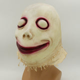-Disturbing and unique, ghostly and ghastly grinning face latex over the head mask. One size fits most. Free shipping from abroad. Typically arrives in 2-3 weeks to the USA. Strange funny weird weirdest creepy bizarre freaky momo smiling smile challenge cursed halloween costume cosplay scary -