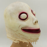 -Disturbing and unique, ghostly and ghastly grinning face latex over the head mask. One size fits most. Free shipping from abroad. Typically arrives in 2-3 weeks to the USA. Strange funny weird weirdest creepy bizarre freaky momo smiling smile challenge cursed halloween costume cosplay scary -