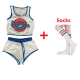 -Brand new, high quality women's polyester basketball uniform with attached bunny tail, optional wrist wraps and socks. See size chart below. Free shipping. Looney rabbit movie cosplay sexy halloween costume tank shorts wristwraps/bracers socks 2021 toon basketball team jersey outfit-With Socks-S-