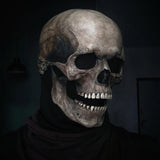 Realistic Moving Jaw Skull Mask - Full Head, Soft or Hard Latex, USA-Full head, realistic skeleton mask with mechanism which allows your mouth to move the jaw. Available in both bone white and antiqued, hard or soft latex. Ideal for any skeletal cosplay or Halloween costume.One size fits most. Ships from the USA. Horror movable advanced deluxe goth gothic creepy spooky prank grim reaper-