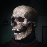 Realistic Moving Jaw Skull Mask - Full Head, Soft or Hard Latex, USA-Full head, realistic skeleton mask with mechanism which allows your mouth to move the jaw. Available in both bone white and antiqued, hard or soft latex. Ideal for any skeletal cosplay or Halloween costume.One size fits most. Ships from the USA. Horror movable advanced deluxe goth gothic creepy spooky prank grim reaper-