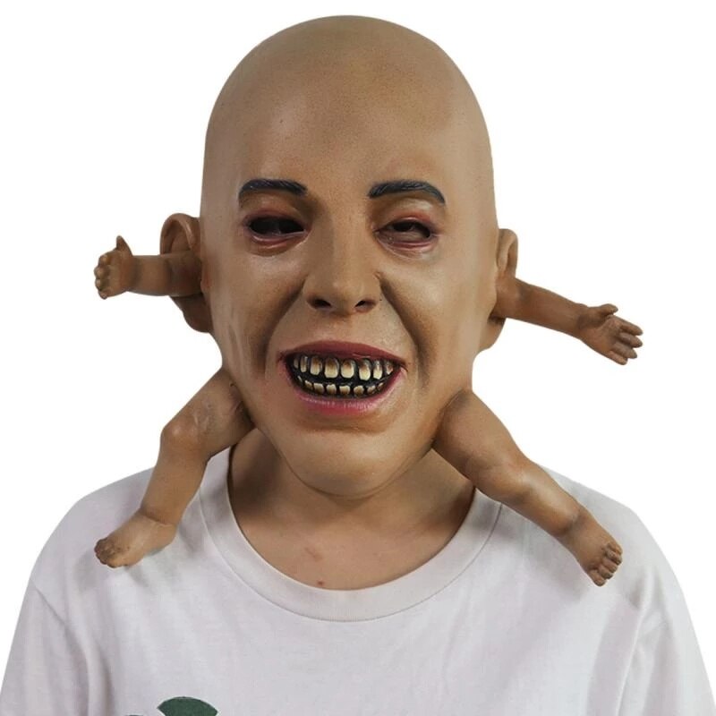 -Unique over-the-head latex mask with baby arms and legs protruding from the face. Free shipping from abroad. Typically arrives in 2-3 weeks to the USA Creepy strange weird bizarre conjoined absorbed parasitic unusual cronenberg body horror infant twins funny costume cosplay halloween babydoll harajuku kowai disturbing-