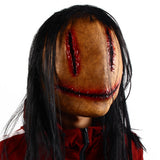 -Quality latex over-the-head mask with attached hair. One size fits most. Free shipping from abroad with average delivery to the US in about 2-3 weeks. Creepy scary disturbing gruesome sliced mouth eyes Halloween horror character mask costume cosplay creature fancy dress-