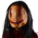 -Quality latex over-the-head mask with attached hair. One size fits most. Free shipping from abroad with average delivery to the US in about 2-3 weeks. Creepy scary disturbing gruesome sliced mouth eyes Halloween horror character mask costume cosplay creature fancy dress-