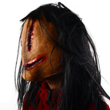 -Quality latex over-the-head mask with attached hair. One size fits most. Free shipping from abroad with average delivery to the US in about 2-3 weeks. Creepy scary disturbing gruesome sliced mouth eyes Halloween horror character mask costume cosplay creature fancy dress-