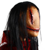 -Quality latex over-the-head mask with attached hair. One size fits most. Free shipping from abroad with average delivery to the US in about 2-3 weeks. Creepy scary disturbing gruesome sliced mouth eyes Halloween horror character mask costume cosplay creature fancy dress-
