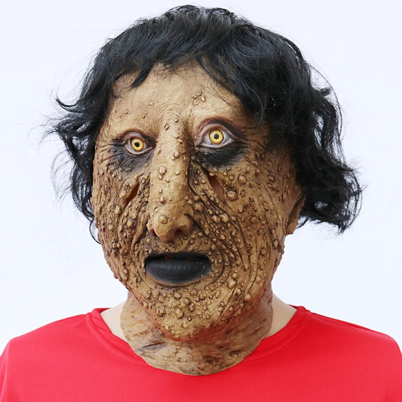 -Unique surreal soft latex over-the-head mask with attached hair. One size fits most. Ideal to fit heads with a circumference of 55cm to 58cm. Free shipping. Unusual creepy character costume cosplay disturbing infected boils bumps halloween dark black wig realistic weird bizarre body horror human monster spoopy kids -
