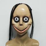 -Quality vacuform mask with attached hair and elastic strap. One size fits most. Free shipping from abroad. Typically arrives to the US in about 2-3 weeks. Funny creepy weird momo challenge viral meme social media joke prank halloween costume cosplay mask disturbing spoopy gag vacuum formed inexpensive-