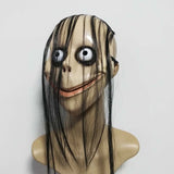 -Quality vacuform mask with attached hair and elastic strap. One size fits most. Free shipping from abroad. Typically arrives to the US in about 2-3 weeks. Funny creepy weird momo challenge viral meme social media joke prank halloween costume cosplay mask disturbing spoopy gag vacuum formed inexpensive-