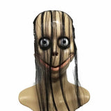 -Quality vacuform mask with attached hair and elastic strap. One size fits most. Free shipping from abroad. Typically arrives to the US in about 2-3 weeks. Funny creepy weird momo challenge viral meme social media joke prank halloween costume cosplay mask disturbing spoopy gag vacuum formed inexpensive-