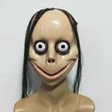 -Quality vacuform mask with attached hair and elastic strap. One size fits most. Free shipping from abroad. Typically arrives to the US in about 2-3 weeks. Funny creepy weird momo challenge viral meme social media joke prank halloween costume cosplay mask disturbing spoopy gag vacuum formed inexpensive-