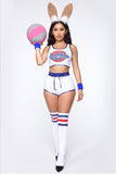 -Brand new, high quality women's polyester basketball uniform with attached bunny tail, optional wrist wraps and socks. See size chart below. Free shipping. Looney rabbit movie cosplay sexy halloween costume tank shorts wristwraps/bracers socks 2021 toon basketball team jersey outfit-