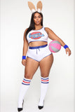 -Brand new, high quality women's polyester basketball uniform with attached bunny tail, optional wrist wraps and socks. See size chart below. Free shipping. Looney rabbit movie cosplay sexy halloween costume tank shorts wristwraps/bracers socks 2021 toon basketball team jersey outfit-