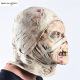 -The reanimated corpse of an unfortunate hospital patient with head bandages still in place. High quality latex over-the-head mask. One size fits most. Free shipping from abroad. Decaying decrepit medical patient zombie mummy bandaged head halloween costume cosplay asylum hospital haunted house larp-