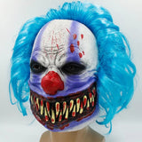 Neon Nightmare Murder Clown Mask - Full Over The Head Mask, Halloween-A murderous evil clown with a wide grin showing a mouth full of sharp teeth, his blood splattered white clown face accented with light purple with bright blue attached wig. 100% natural latex. Free shipping. Halloween costume horror creepy evil circus clown retro 80s eighties 1980s 1990s nineties 90s videogame video-