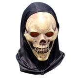-Natural latex skeletal face mask with attached black fabric shroud. One size fits most. Free shipping from abroad with average delivery to the USA in 2-3 weeks. Funny smiley skull skeletor halloween mask costume cosplay death grim reaper party fancy dress happy haunts spoopy skeletons motu hooded hood -