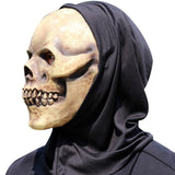 -Natural latex skeletal face mask with attached black fabric shroud. One size fits most. Free shipping from abroad with average delivery to the USA in 2-3 weeks. Funny smiley skull skeletor halloween mask costume cosplay death grim reaper party fancy dress happy haunts spoopy skeletons motu hooded hood -