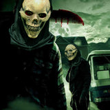 -Natural latex skeletal face mask with attached black fabric shroud. One size fits most. Free shipping from abroad with average delivery to the USA in 2-3 weeks. Funny smiley skull skeletor halloween mask costume cosplay death grim reaper party fancy dress happy haunts spoopy skeletons motu hooded hood -