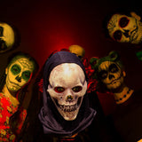 -Natural latex skeletal face mask with attached black fabric shroud. One size fits most. Free shipping from abroad with average delivery to the USA in 2-3 weeks. Funny smiley skull skeletor halloween mask costume cosplay death grim reaper party fancy dress happy haunts spoopy skeletons motu hooded hood -