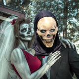 -Natural latex skeletal face mask with attached black fabric shroud. One size fits most. Free shipping from abroad with average delivery to the USA in 2-3 weeks. Funny smiley skull skeletor halloween mask costume cosplay death grim reaper party fancy dress happy haunts spoopy skeletons motu hooded hood -