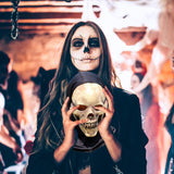 -Natural latex skeletal face mask with attached black fabric shroud. One size fits most. Free shipping from abroad with average delivery to the USA in 2-3 weeks. Funny smiley skull skeletor halloween mask costume cosplay death grim reaper party fancy dress happy haunts spoopy skeletons motu hooded hood -