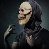 -Natural latex skeletal face mask with attached black fabric shroud. One size fits most. Free shipping from abroad with average delivery to the USA in 2-3 weeks. Funny smiley skull skeletor halloween mask costume cosplay death grim reaper party fancy dress happy haunts spoopy skeletons motu hooded hood -