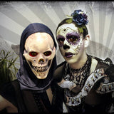 -Natural latex skeletal face mask with attached black fabric shroud. One size fits most. Free shipping from abroad with average delivery to the USA in 2-3 weeks. Funny smiley skull skeletor halloween mask costume cosplay death grim reaper party fancy dress happy haunts spoopy skeletons motu hooded hood -