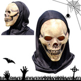 -Natural latex skeletal face mask with attached black fabric shroud. One size fits most. Free shipping from abroad with average delivery to the USA in 2-3 weeks. Funny smiley skull skeletor halloween mask costume cosplay death grim reaper party fancy dress happy haunts spoopy skeletons motu hooded hood -