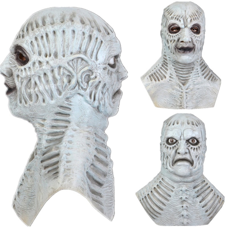Two-Faced Duplicitous Backstabber Monster Mask-Unique, very high quality, detailed natural latex over-the-head mask with two faces... a forward facing smile and a grimacing, menacing stare on the reverse. One size fits most. Free shipping. Jealous envious greedy covetous demon devil horror halloween costume cosplay envy monster deceit deceitful desirous jealousy-