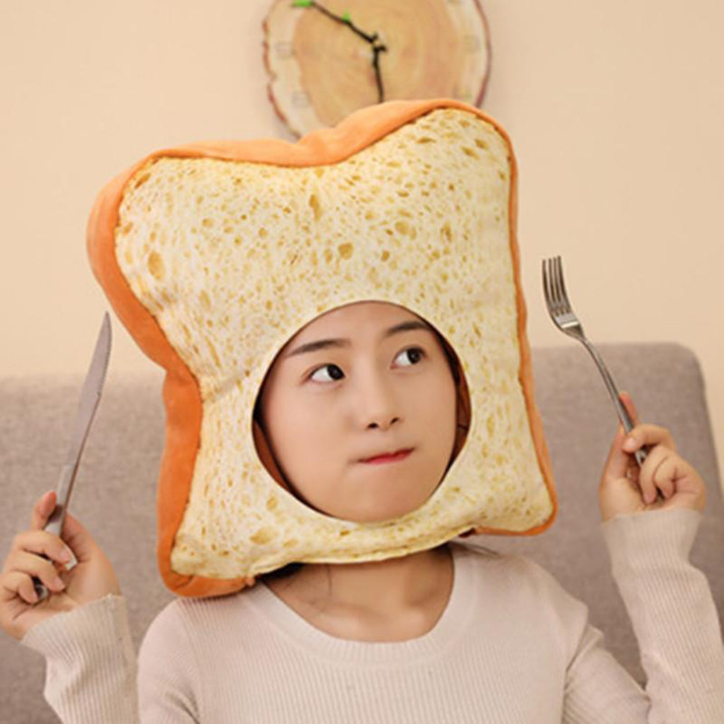 Human Breading Meme Plush Hat-Now you and your breaded cat can match with this unique plush slice of toast headwear designed for people. Not edible but one size does fit most. Measures approximately 38cm/15inch. Free shipping. Funny weird wtf cat breading memes joke humorous meme halloween costume cosplay mask hat bread pillow plush toy-
