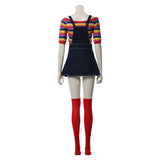 -Unique gender-swapped bishoujo style women's cosplay costume inspired by Chucky from the Child's Play series of horror films.Jean skirt dark denim overalls with Good Guys printed across the front and red buttons, striped knit shirt with three quarter sleeves and long red over-the-knee socks. Free Shipping. Halloween-