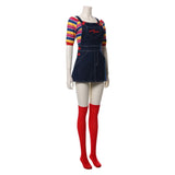 -Unique gender-swapped bishoujo style women's cosplay costume inspired by Chucky from the Child's Play series of horror films.Jean skirt dark denim overalls with Good Guys printed across the front and red buttons, striped knit shirt with three quarter sleeves and long red over-the-knee socks. Free Shipping. Halloween-