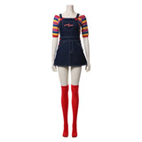 -Unique gender-swapped bishoujo style women's cosplay costume inspired by Chucky from the Child's Play series of horror films.Jean skirt dark denim overalls with Good Guys printed across the front and red buttons, striped knit shirt with three quarter sleeves and long red over-the-knee socks. Free Shipping. Halloween-