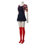 -Unique gender-swapped bishoujo style women's cosplay costume inspired by Chucky from the Child's Play series of horror films.Jean skirt dark denim overalls with Good Guys printed across the front and red buttons, striped knit shirt with three quarter sleeves and long red over-the-knee socks. Free Shipping. Halloween-