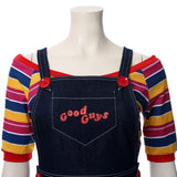 -Unique gender-swapped bishoujo style women's cosplay costume inspired by Chucky from the Child's Play series of horror films.Jean skirt dark denim overalls with Good Guys printed across the front and red buttons, striped knit shirt with three quarter sleeves and long red over-the-knee socks. Free Shipping. Halloween-